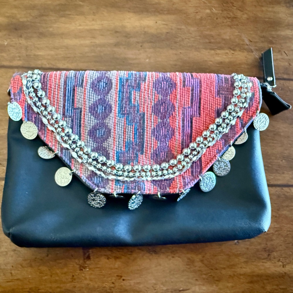 Olivia Miller Boho Clutch Black Faux Leather Woven Tapestry Coin Charms Silver